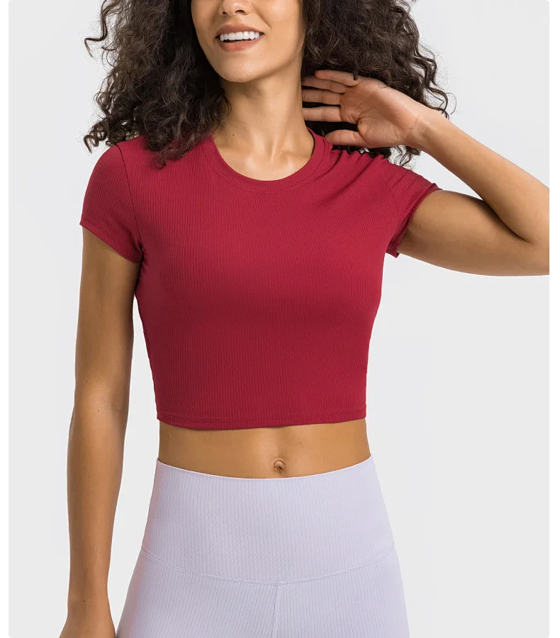 Somatic YOGA Wear Top Women Gym Shirts Yoga Striped Rib T-shirt Short Sleeve Top Sport Fitness Sportswear Stretch Breathable Women's Blouse