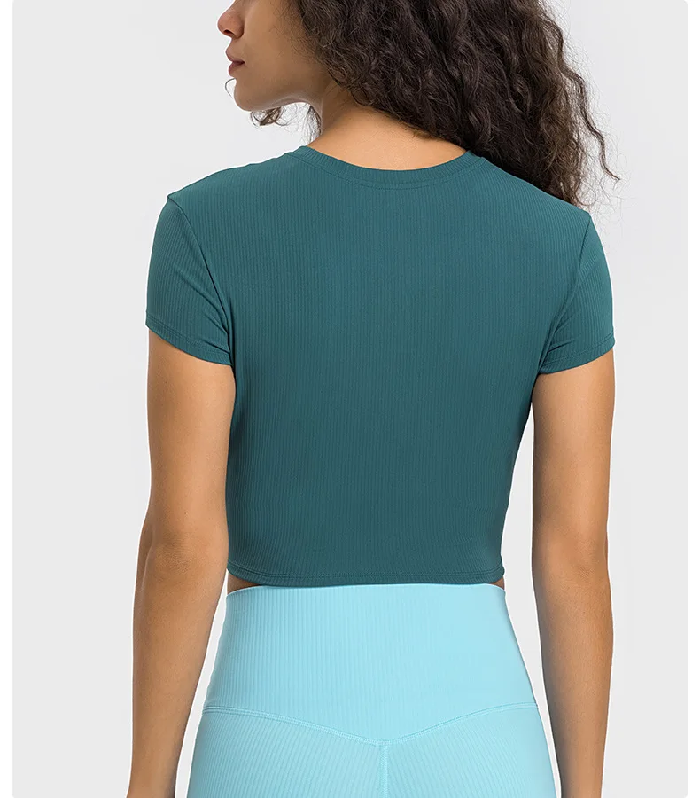 Somatic YOGA Wear Top Women Gym Shirts Yoga Striped Rib T-shirt Short Sleeve Top Sport Fitness Sportswear Stretch Breathable Women's Blouse - Image 2