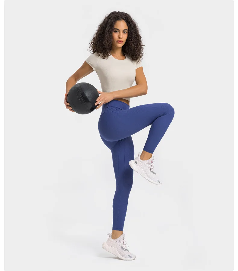 Somatic YOGA Wear Top Women Gym Shirts Yoga Striped Rib T-shirt Short Sleeve Top Sport Fitness Sportswear Stretch Breathable Women's Blouse - Image 6