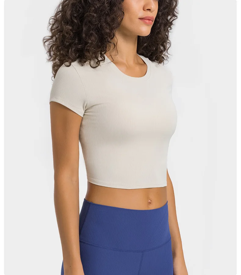 Somatic YOGA Wear Top Women Gym Shirts Yoga Striped Rib T-shirt Short Sleeve Top Sport Fitness Sportswear Stretch Breathable Women's Blouse - Image 3