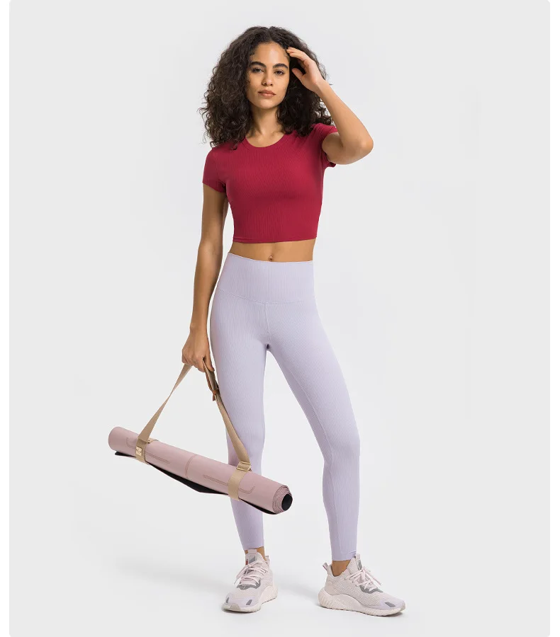 Somatic YOGA Wear Top Women Gym Shirts Yoga Striped Rib T-shirt Short Sleeve Top Sport Fitness Sportswear Stretch Breathable Women's Blouse - Image 4